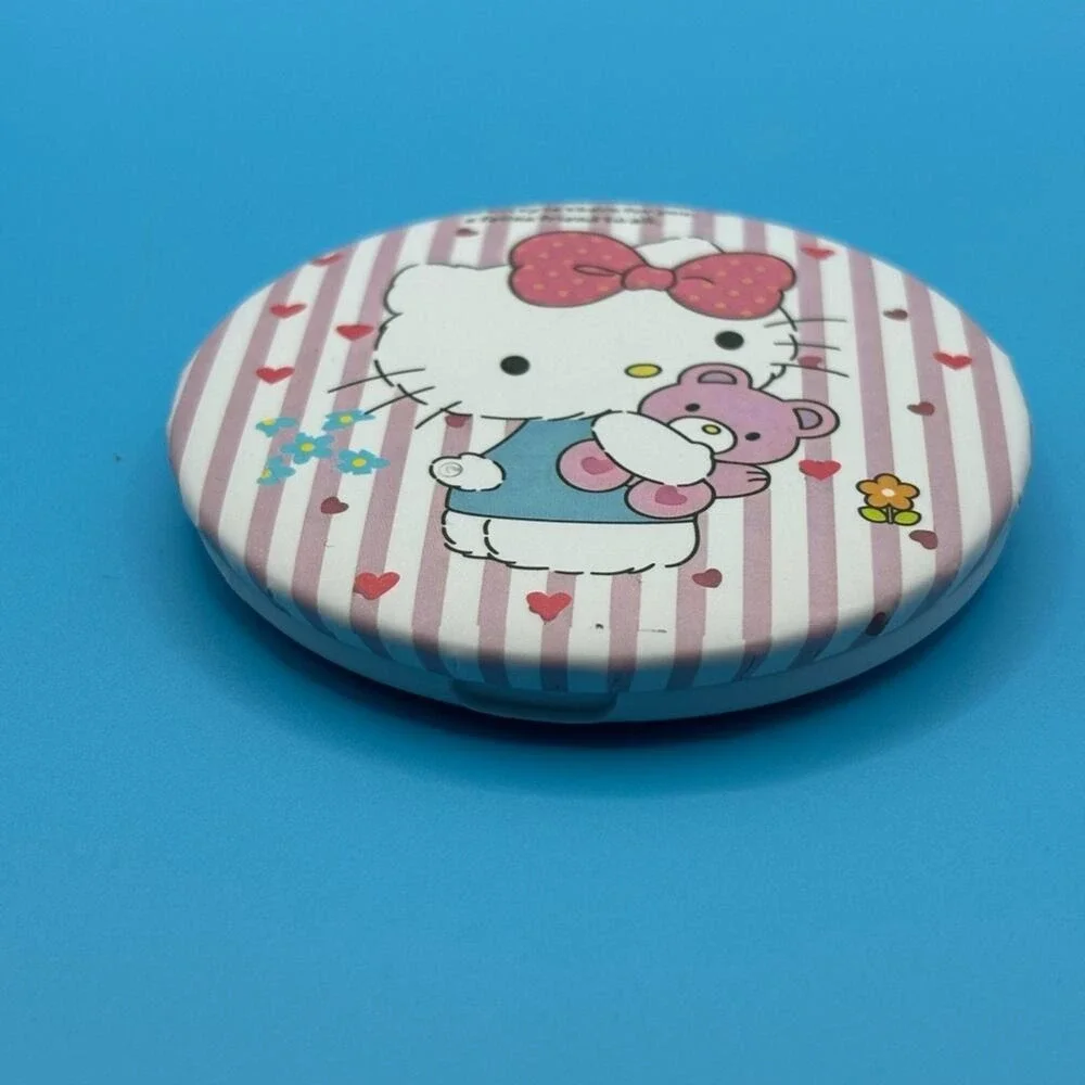 Sanrio Hello Kitty Compact Mirror Pink White Stripe Teddy Bear Dual Sided